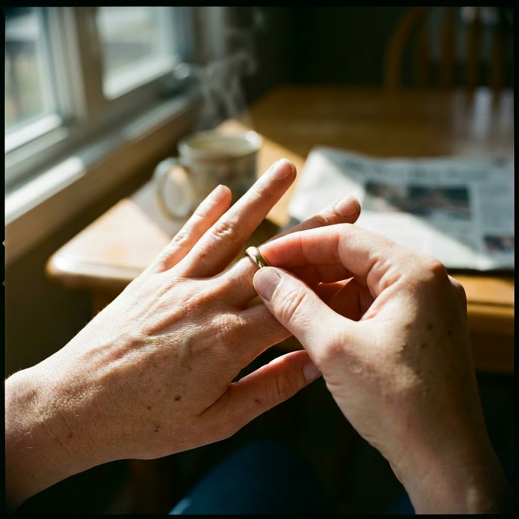 朝の光の中、指輪を身につけた手元